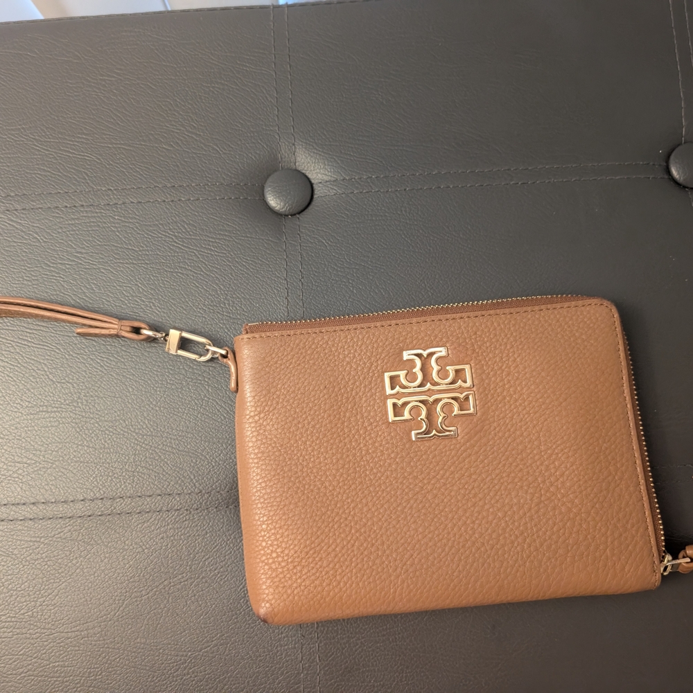 Tory Burch Brown Leather Wristlet with Gold Logo